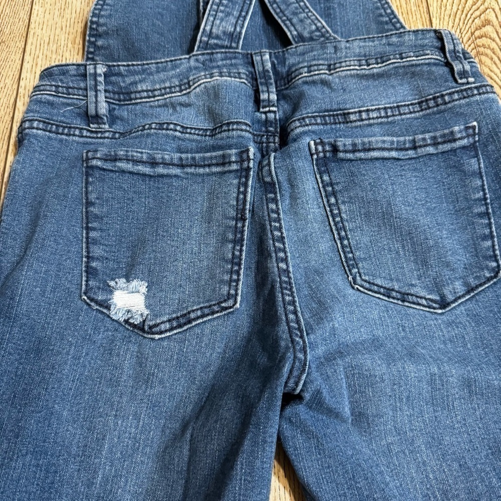 Harper blue jean denim distressed overalls, button up, pockets, straight leg, M. - Picture 9 of 14